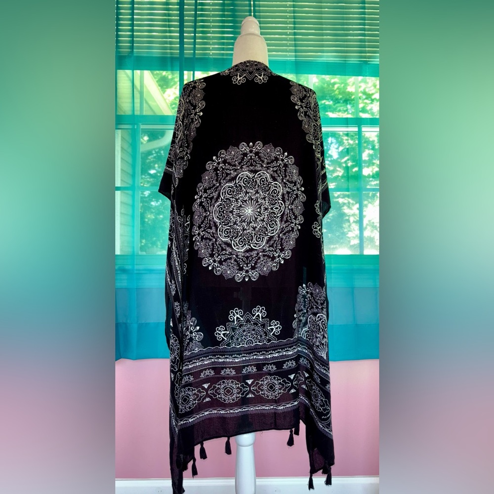 Maurices Black & White Boho Kimono Open Front Duster with Tassel Hems Oversized - Picture 3 of 7